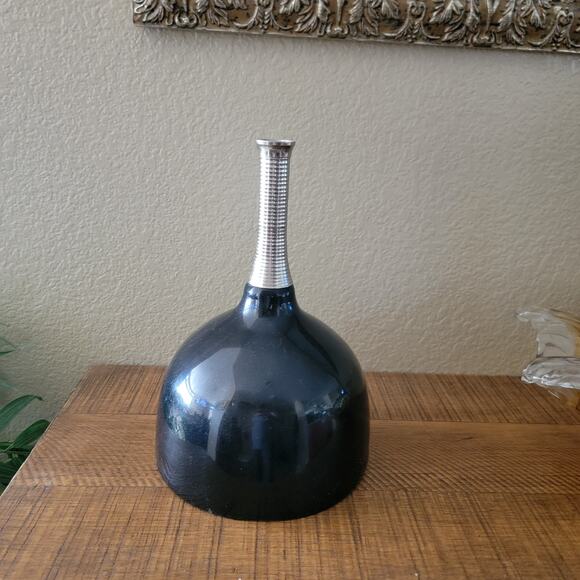 Vintage Modernist Black Vase with Ribbed Silver Neck